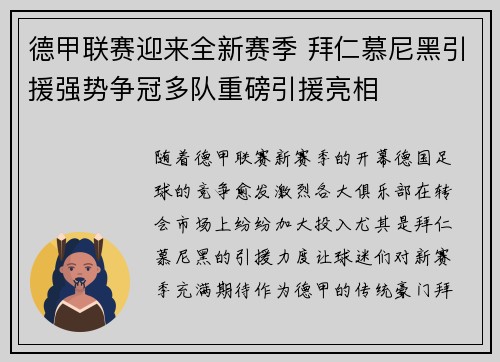 德甲联赛迎来全新赛季 拜仁慕尼黑引援强势争冠多队重磅引援亮相