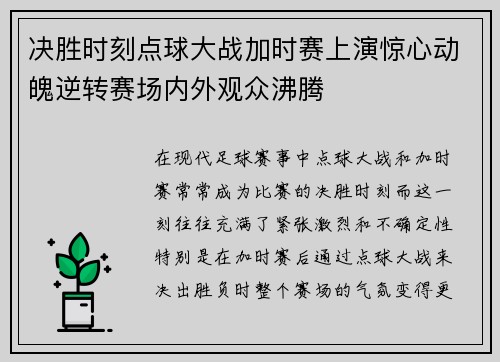 决胜时刻点球大战加时赛上演惊心动魄逆转赛场内外观众沸腾