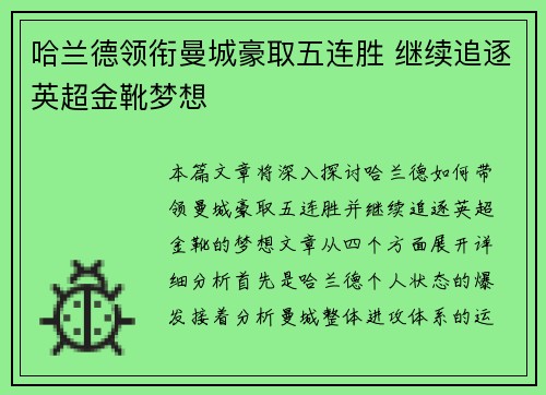 哈兰德领衔曼城豪取五连胜 继续追逐英超金靴梦想