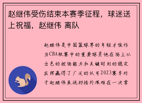赵继伟受伤结束本赛季征程，球迷送上祝福，赵继伟 离队