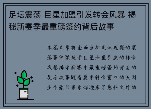 足坛震荡 巨星加盟引发转会风暴 揭秘新赛季最重磅签约背后故事